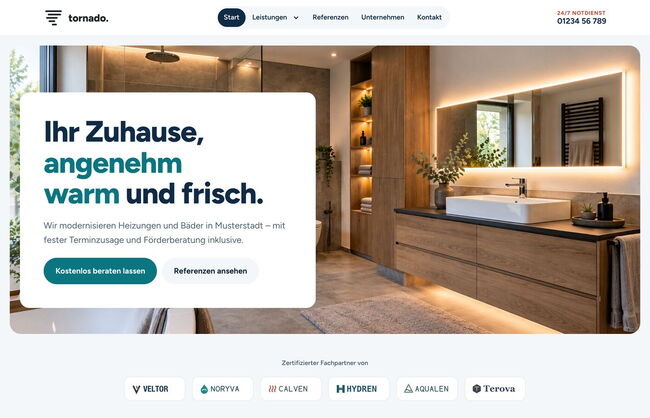 Startseite des Contao Themes TORNADO für einen Heizungs- und Sanitärbetrieb